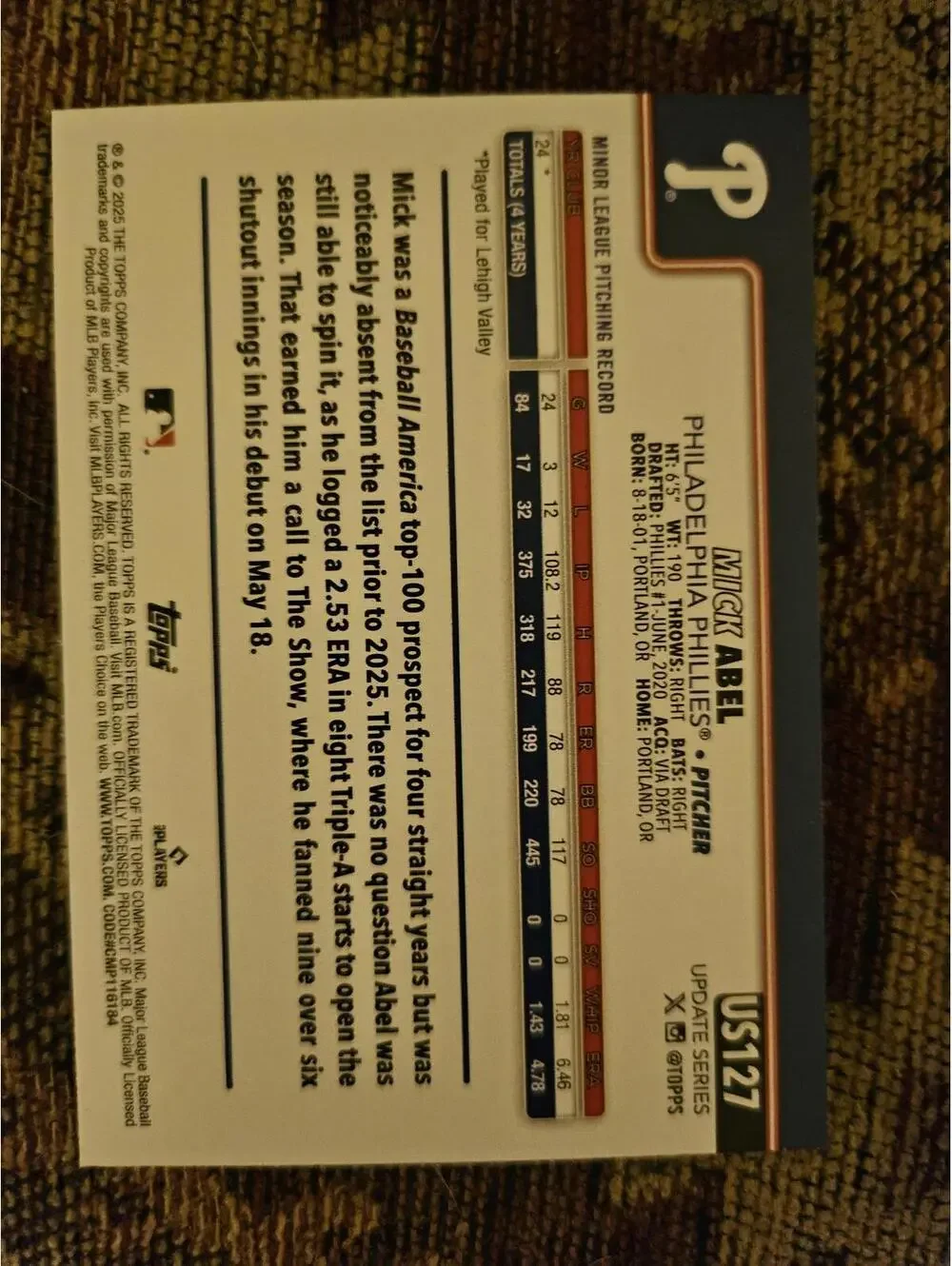 Nick Abel (RC) 2025 Topps Update  #US127 - Phillies - RAW Mint - Picture 2 of 2
